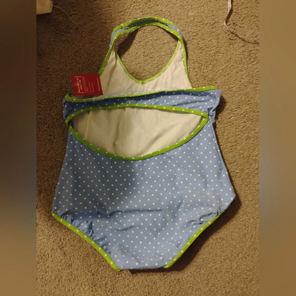 NWT Lands End Girls Polka Dot Halter One Piece Swimsuit Sz 14